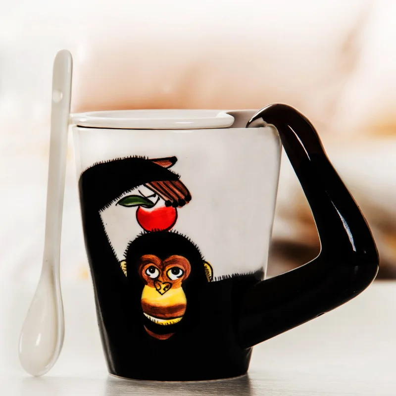 3D trimatis gyvūnų puodelis su dangteliu-didelės talpos stiklo keramikos taurė kūrybos pora kavos puodelių pieno Nuotrauka 1